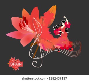 Flamenco logo. Treble clef and note rulers on black background. Spanish girl dressed in red dress, dancing on sheet music. Fabric, like a flame, turns into big beautiful flower of lily. Concert banner