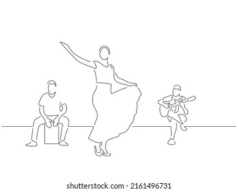 Flamenco music band in line art drawing style. Composition of traditional spanish musicians. Black linear sketch isolated on white background. Vector illustration design.