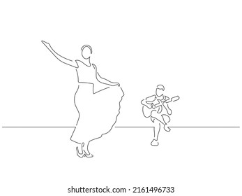 Flamenco music band in line art drawing style. Composition of traditional spanish musicians. Black linear sketch isolated on white background. Vector illustration design.