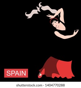 Flamenco night poster. Yong spanish girl dancing againct black baclground. Minimalist design.