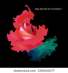 Flamenco night (text in spanish). Silhouette of a dancing girl in the form of a rose and a translucent green manton in the shape of a flying bird. Banner, poster.