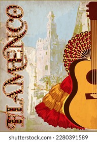 Flamenco  party card with spanish guitar and fun, vector illustration