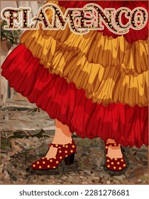 Flamenco party greeting card with spanish flag, vector illustration	