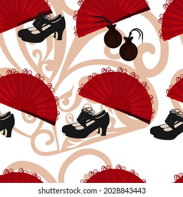 Flamenco pattern. Castanets, shoes, a weather vane. Spanish traditional music. Isolated black silhouettes on a white background. For wrapping paper. Ideal for wallpaper, surface textures, textiles.