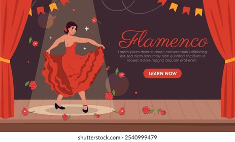 Cartaz de desempenho do Flamenco. Mulher de vestido vermelho dançando no palco e cena. Tradições e cultura espanhola. Feriado e festival. Design de página da Web de aterrissagem. Ilustração de vetor plano