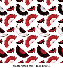 Flamenco seamless pattern with fans   and spanish traditional dance shoes.