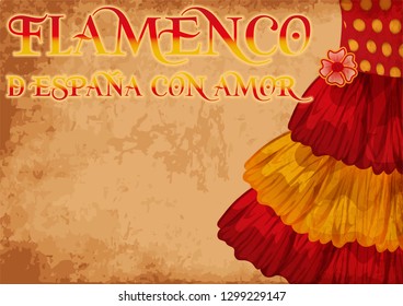 Flamenco. From Spain  with love.   background with colors of Spanish flag, vector illustration