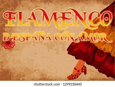 Flamenco. From Spain  with love.   invitation poster with colors of Spanish flag, vector illustration