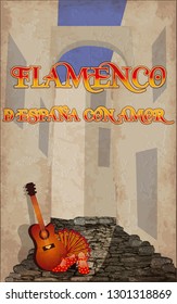 Flamenco. From Spain with love. Spanish guitar and flamenco female shoes, vector illustration