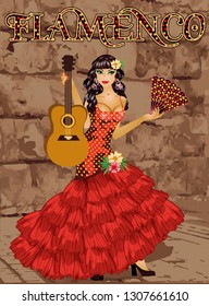 Flamenco. Spanish dancing girl with fan and guitar. Holiday background. vector illustration