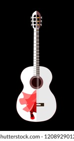 Flamenco symbol. White silhouette of spanish guitar and piece of red dress of dancing girl isolated on black background in vector.