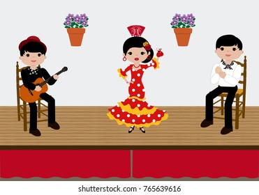 Flamenco tablao with sevillana dancing in vector