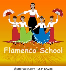 Flamenco teacher with her young students. Advertising of flamenco school or International Dance Day.