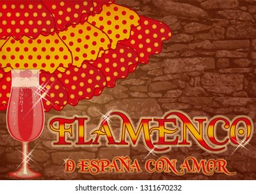 Flamenco. Translation is From Spain with Love. Festival party card with spanish wine, vector illustration	