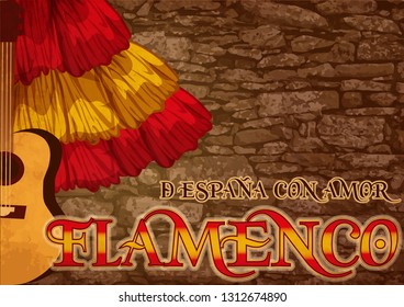 Flamenco. Translation is  From Spain with Love. Greeting folk festival card, vector illustration