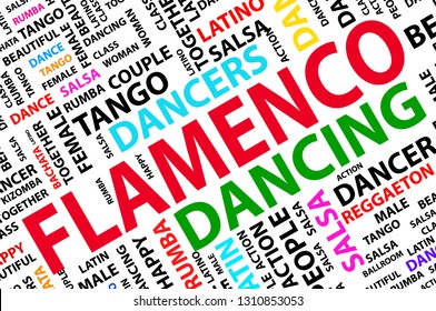 Flamenco, word cloud of colored words, vector dance illustration