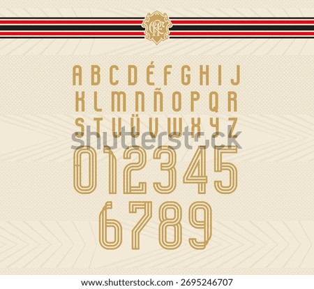 flamengo font, Sport typeface inspired by professional team jerseys. Golden alphabet and numeric set with geometric structure, perfect for uniform design, sports branding