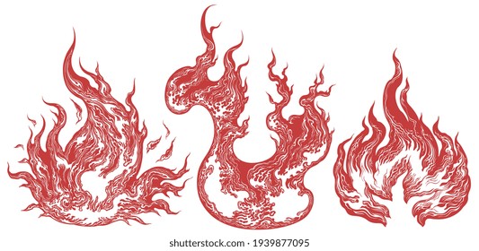Flames. Design set. Art detailed editable illustration. Vector vintage engraving. Isolated on white background. 8 EPS