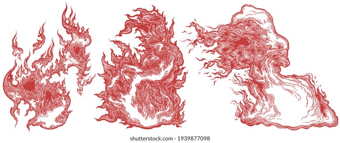 Flames. Design set. Art detailed editable illustration. Vector vintage engraving. Isolated on white background. 8 EPS