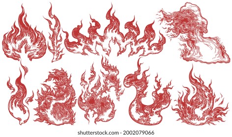 Flames. Design set. Editable hand drawn illustration. Vector engraving. Isolated on white background. 8 EPS