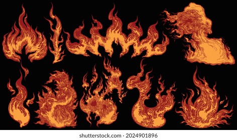 Flames. Design set. Editable hand drawn illustration. Vector engraving. Isolated on black background. 8 EPS