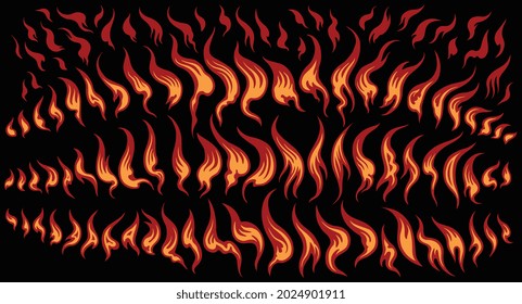 Flames. Design set. Editable hand drawn illustration. Vector engraving. Isolated on black background. 8 EPS