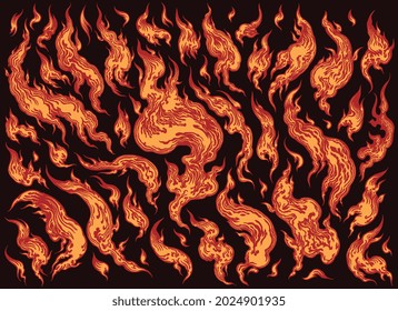 Flames. Design set. Editable hand drawn illustration. Vector engraving. Isolated on black background. 8 EPS