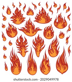 Flames. Design set. Editable hand drawn illustration. Vector engraving. Isolated on white background. 8 EPS