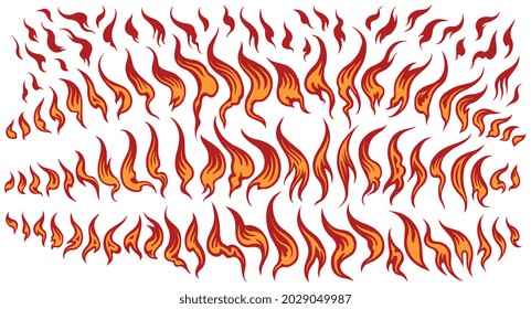 Flames. Design set. Editable hand drawn illustration. Vector engraving. Isolated on white background. 8 EPS