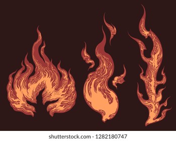 Flames. Design set. Hand drawn engraving. Vector vintage illustration. Isolated on dark background. 8 EPS 