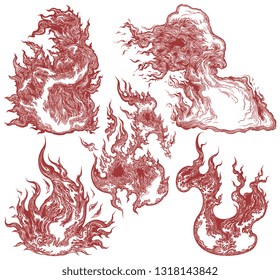 Flames. Design set. Hand drawn engraving. Editable vector vintage illustration. Isolated on white background. 8 EPS