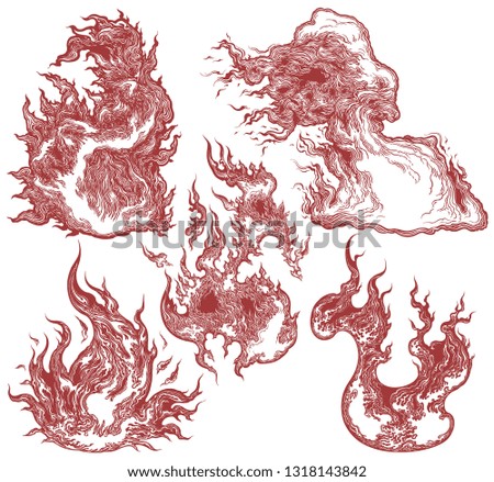 Flames. Design set. Hand drawn engraving. Editable vector vintage illustration. Isolated on white background. 8 EPS