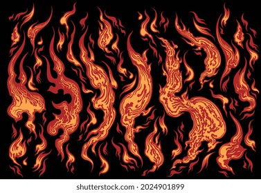 Flames. Editable hand drawn illustration. Vector engraving. Isolated on black background. 8 EPS