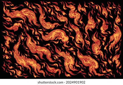 Flames. Editable hand drawn illustration. Vector engraving. Isolated on black background. 8 EPS