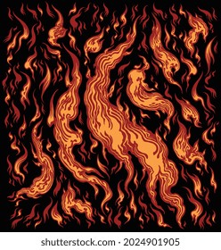 Flames. Editable hand drawn illustration. Vector engraving. Isolated on black background. 8 EPS