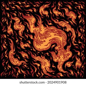 Flames. Editable hand drawn illustration. Vector engraving. Isolated on black background. 8 EPS