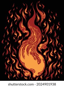 Flames. Editable hand drawn illustration. Vector engraving. Isolated on black background. 8 EPS