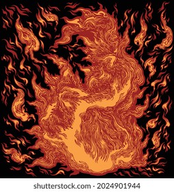 Flames. Editable hand drawn illustration. Vector engraving. Isolated on black background. 8 EPS