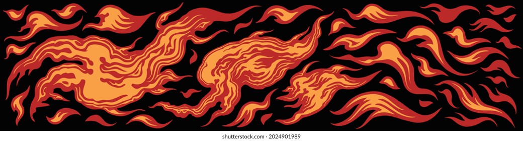 Flames. Editable hand drawn illustration. Vector engraving. Isolated on black background. 8 EPS