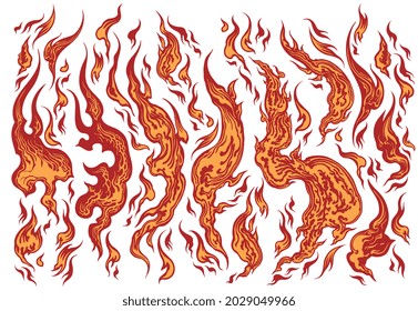 Flames. Editable hand drawn illustration. Vector engraving. Isolated on white background. 8 EPS