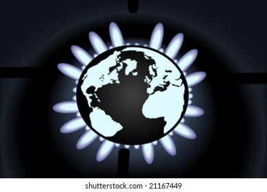 Flamas de cocina de gas con mapa del mundo en el centro