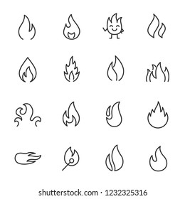 flames, icon set. fire, flame of various shapes, linear icons. Line with editable stroke