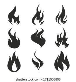 Flames icons. Flame silhouettes. Black firing icons, warning symbols isolated on white. Burning vector emblems.