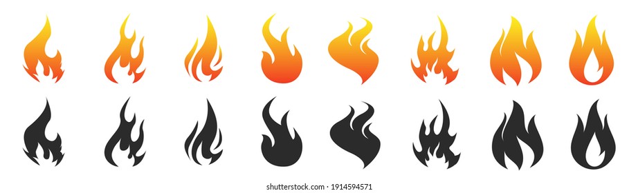 Flames icons. Flame silhouettes. Black firing icons, warning symbols isolated on white. Burning vector emblems.
