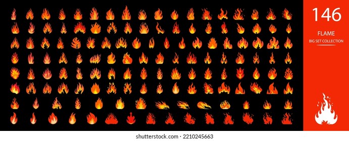 Flames isolated vector illustration set. Flame, bright fire, campfire, burning forest fire and fiery holiday festival, camping fire.