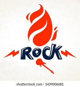 Flames lightning bolt and typing Rock vector emblem or logo, Rock and Roll, Hard Rock, Punk and Heavy Metal music styles label, music festival concert or club ad.