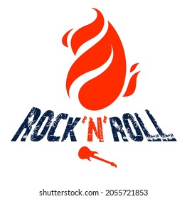 Flames lightning bolt and typing Rock vector emblem or logo, Rock and Roll, Hard Rock, Punk and Heavy Metal music styles label, music festival concert or club ad.