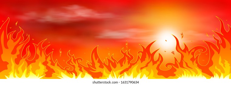 Flames on the background of the sun and clouds.