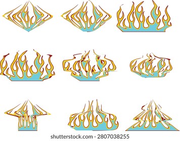 Flames rise from fire pits in a dark environment with various shapes.