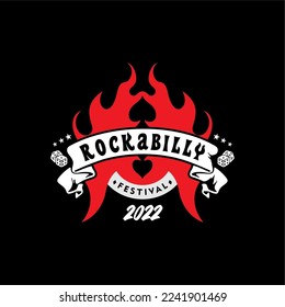 Flames with Rockabilly Lettering Banner For Music Festival And Casino Logo, Vintage Retro Logo Design